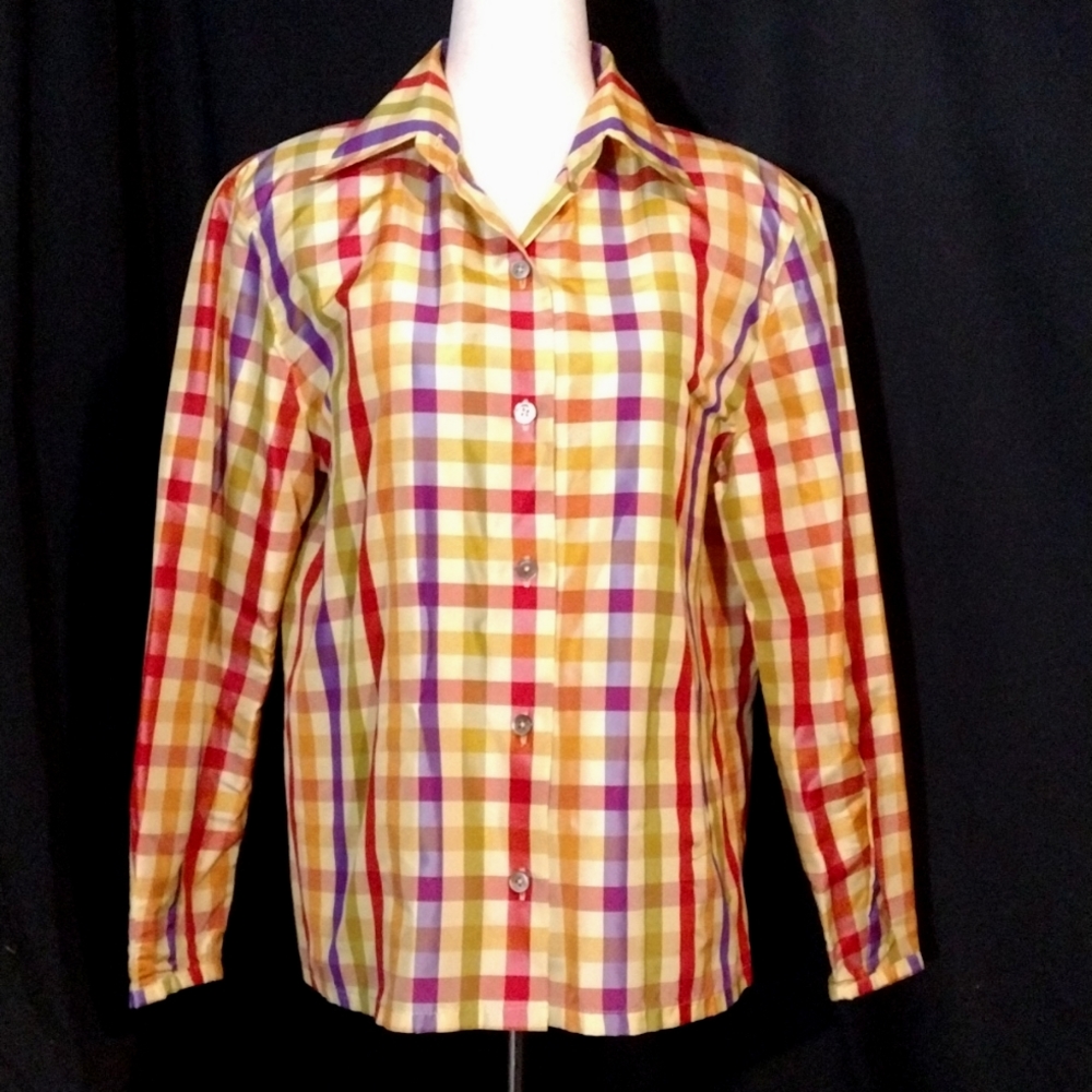 Linda Allard Ellen Tracy Silk Golden Yellow LS Button Up Top w/ Plaid Size 10